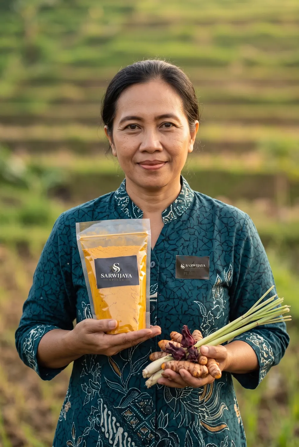 Indonesian farmer holding turmeric powder
